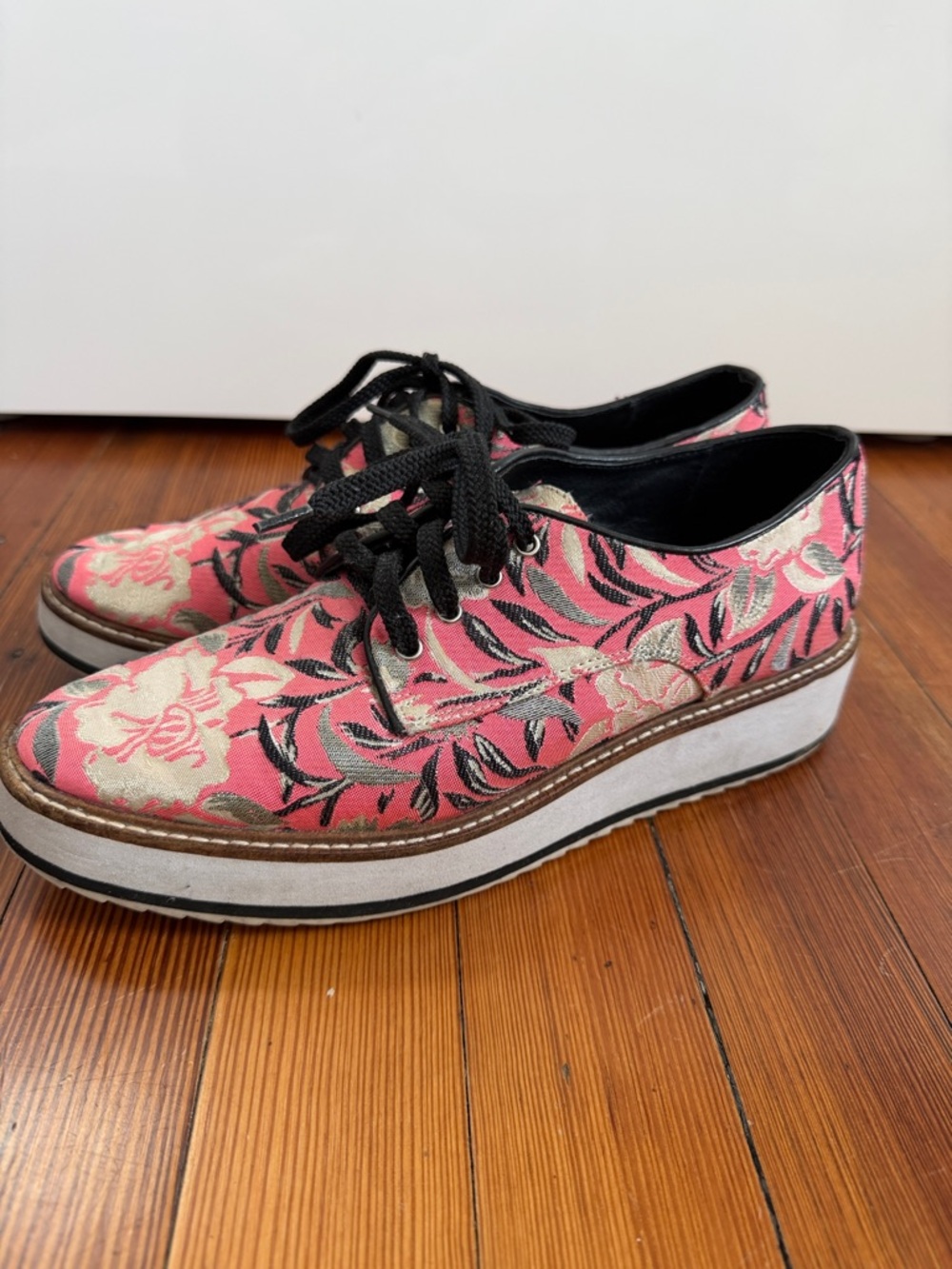 Shellys London Pink Floral Lace-Up Platform Oxford Shoes
